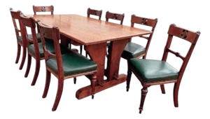 Arts & Crafts Light Oak Dining Table and Chairs, Set of 9
