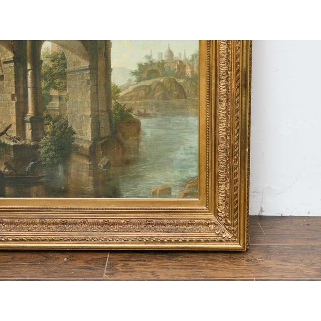 Gray 19th-Century Italian Oil on Canvas Classical Landscape with Arch Bridge Ruin For Sale - Image 8 of 12