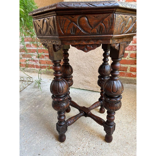 Wood Petite Antique French Octagon Center Side Table Renaissance Carved Oak C1890 For Sale - Image 7 of 12