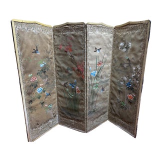 19th Century Meiji Japanese Four-Panel Folding Screen in Painted Silk For Sale
