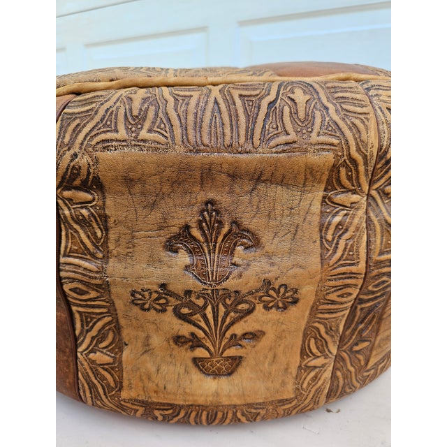 Animal Skin Vintage Leather Moroccan Style Pouf Ottoman Footstool For Sale - Image 7 of 13