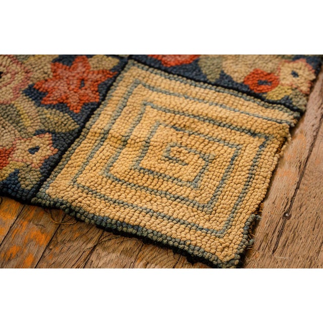 American 1880s Rustic Blue Ground Modern Geometric Folk Art Antique American Hooked Rug For Sale - Image 3 of 9