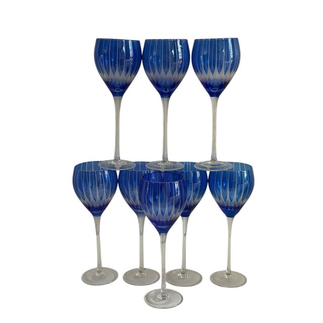 Hollywood Regency Vintage Blue Etched Crystal Stemware, Set of 8 For Sale - Image 3 of 5