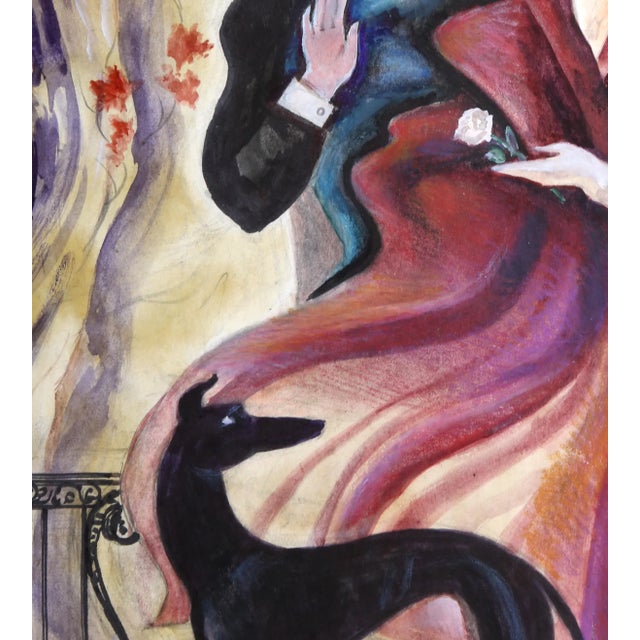 Modern Walking With White Rose, Erik Freyman Watercolor With Pastels on Paper, Signed in Pen For Sale - Image 3 of 4