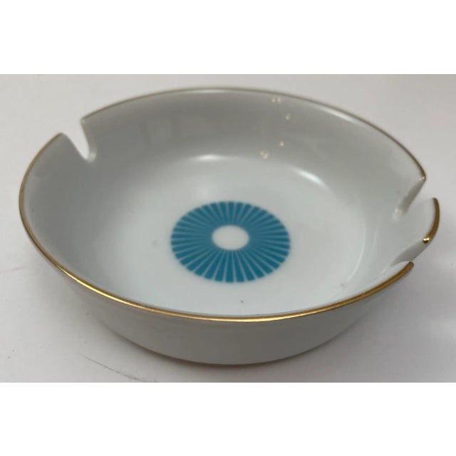 Vintage White Porcelain Ashtray with Gold Rim and Blue Design 1960s. Great condition. No Hallmark. Circa 1960s....