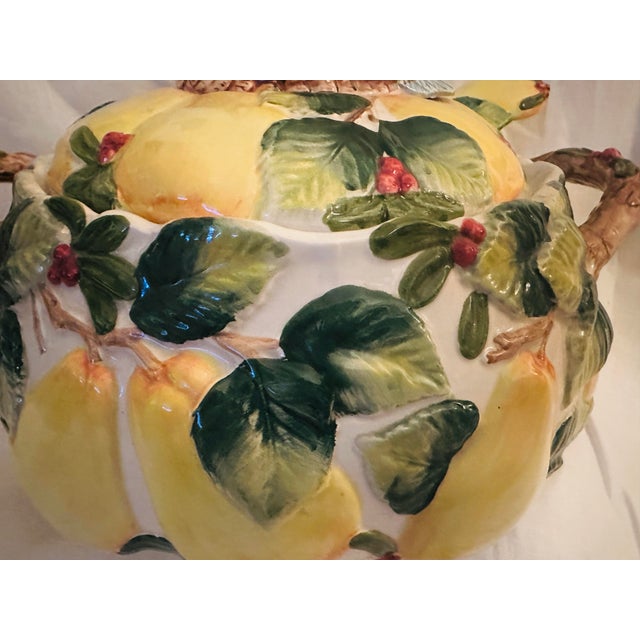 Vintage Fitz & Floyd Woodland Partridge & Pear Soup Tureen w/Laddle. Bright yellow, green and tiny raspberry red in...