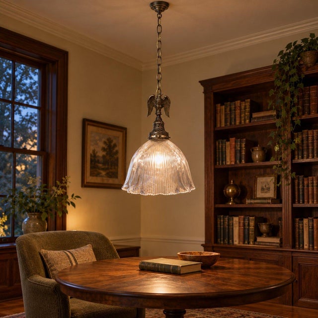 Vintage Eagle Pendant Light, Ribbed Glass Shade, Upcycled Fixture For Sale - Image 16 of 16