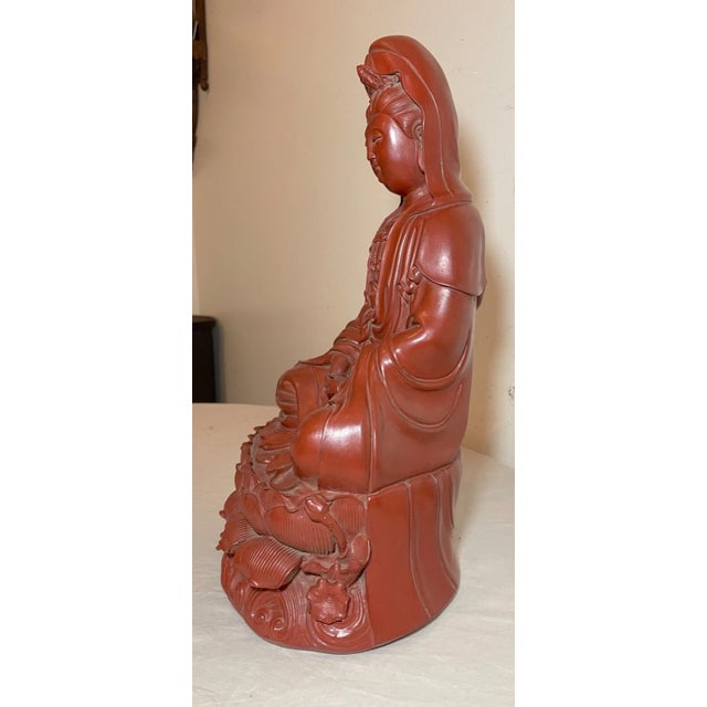 Red Large Antique Chinese Signed Guanyin Red Lacquer Cinnabar Statue Sculpture For Sale - Image 8 of 17