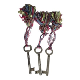 Three Antique Skeleton Keys With Multicolor Tassels For Sale
