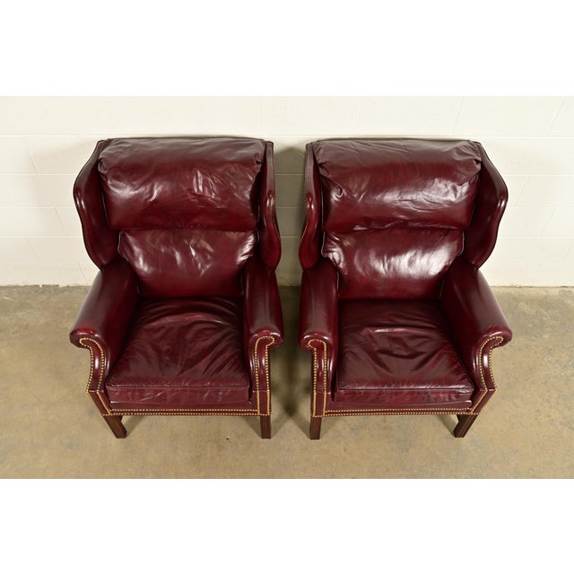 1980s Hancock & Moore Chippendale Wingback Leather Lounge Chairs | Pair For Sale - Image 5 of 14