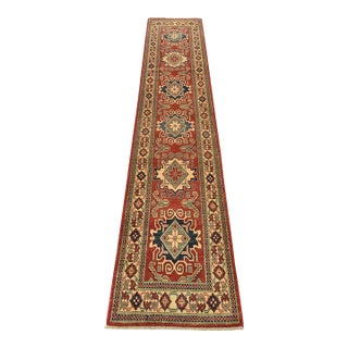 Kazak Runner 2'9'' X 13'3'' Red Wool Tribal Hand-Knotted Oriental Rug For Sale