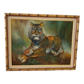 Vintage Tiger Oil Painting With Faux Bamboo Frame- Signed For Sale