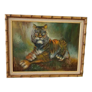 Vintage Tiger Oil Painting With Faux Bamboo Frame- Signed