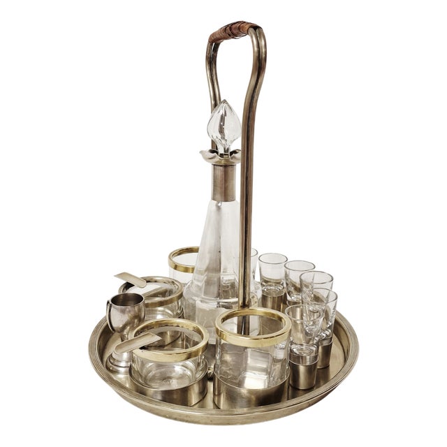 Art Deco Glass Liquor Set with Wicker Handle, 1920s, Set of 13 For Sale