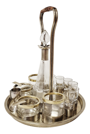 Art Deco Glass Liquor Set with Wicker Handle, 1920s, Set of 13