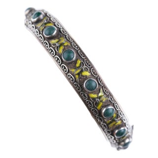 Antique Chinese Silver Enamel Butterfly Malachite bangle bracelet For Sale