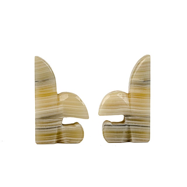 Mid-Century Modern Vintage Hand Carved Striped Onyx Marble Split Fleur De Lis Bookends For Sale - Image 3 of 8