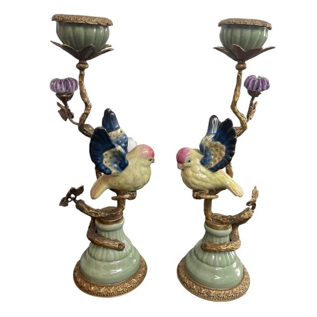 Metal Pair of Vintage French-Style Porcelain and Ormolu Bird Candlesticks For Sale - Image 7 of 11