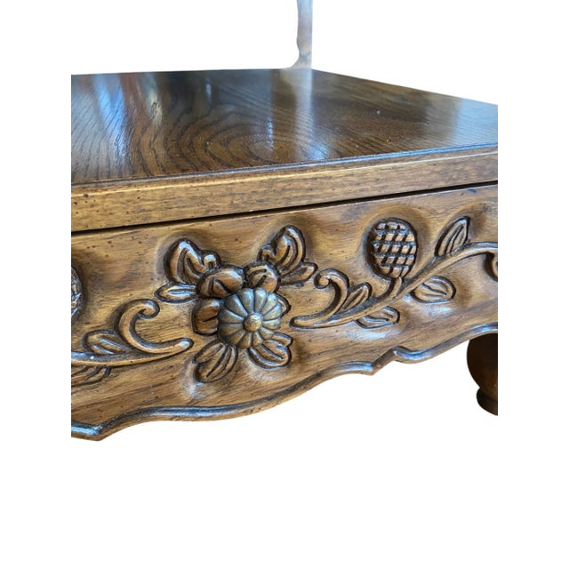 Brown Late 20th Century Thomasville Carved Floral Side Table With Drawer and Open Shelf For Sale - Image 8 of 11
