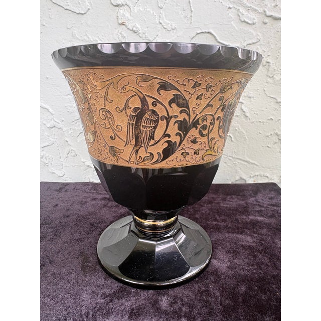 Art Deco Antique Bohemian Amethyst Glass Footed Bowl With Ooplastic Gilt Bird Frieze, Circa 1910-1925 For Sale - Image 3 of 12