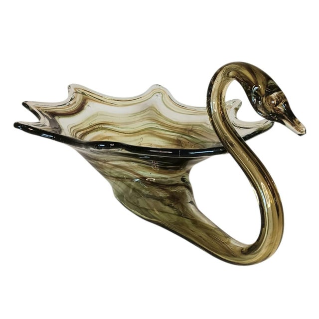 Large Art Glass Swan Vase Green Brown Swirl Handblown Mid-century Modern Sooner Glass Approximately 7" x 15" x 10" Weighs...