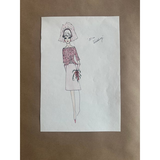 A delightful and more stylized mid-century bridal fashion illustration labeled “5:00 Wedding,” suggesting an afternoon...