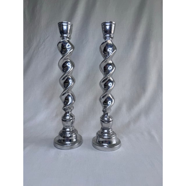 Vintage Large English Traditional Barley Twist Silver Tone Candlesticks, a Pair For Sale In Houston - Image 6 of 11