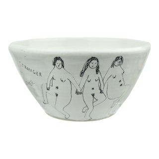 Contemporary Female Solidarity and Empowerment "Stronger Together" Hand-Painted Studio Pottery Ceramic Bowl - Signed For Sale