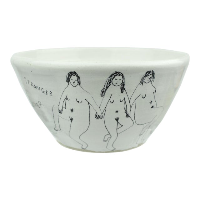 Contemporary Female Solidarity and Empowerment "Stronger Together" Hand-Painted Studio Pottery Ceramic Bowl - Signed For Sale