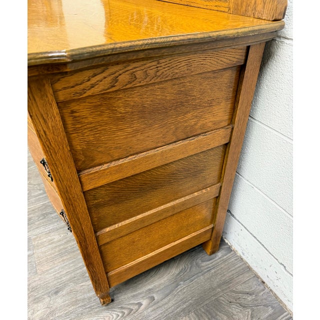 Antique Victorian Tiger Oak Serpentine Dresser With Beveled Mirror For Sale - Image 9 of 17