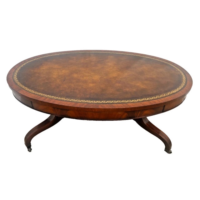 Mid 20th Century Vintage Weiman Mahogany Oval Coffee Table Brown Tooled Leather Top Federal Style For Sale - Image 5 of 14