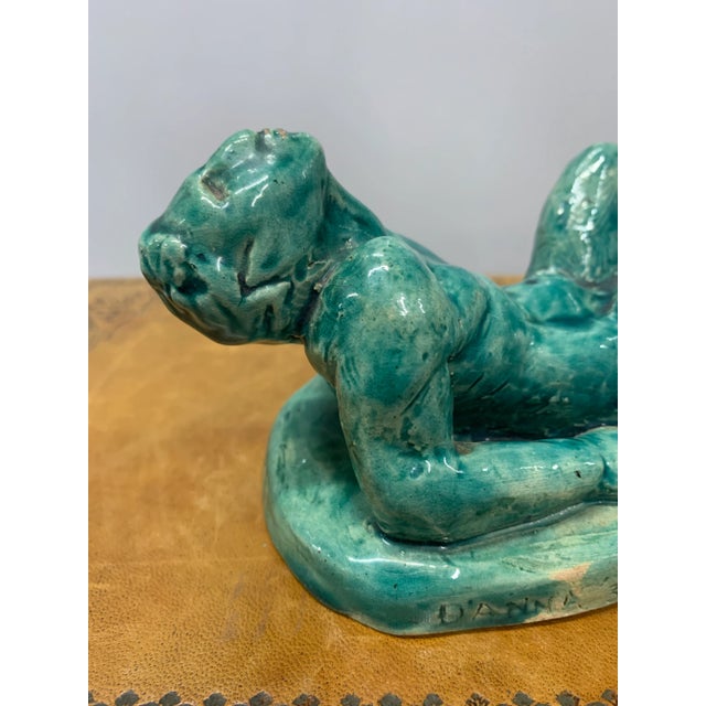 Pair of Signed 1932 Ceramic Glazed Faun Sculptures For Sale - Image 12 of 12