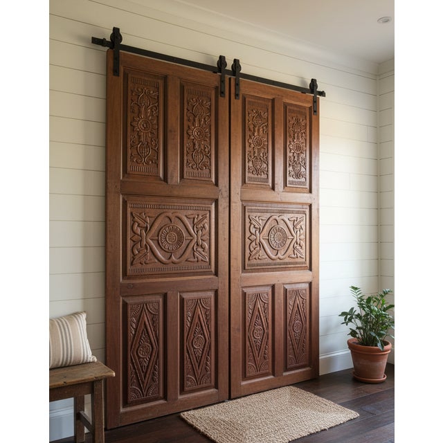 Wood Vintage Hand-Carved Floral Wood Barn Doors | Natural Resort-Style Statement Doors 96 For Sale - Image 7 of 7