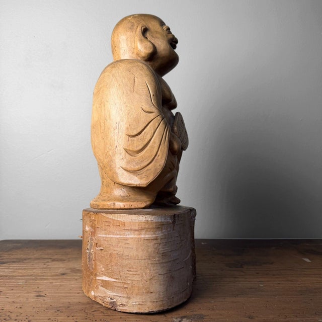 Japanese Hotei Laughing Buddha Carved in Birch Wood, 1950s For Sale - Image 6 of 14