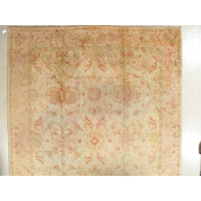 Antique Oushak Carpet, Oriental Rug, Handmade Ivory, Muted Shrimp, Soft Coral For Sale - Image 9 of 14