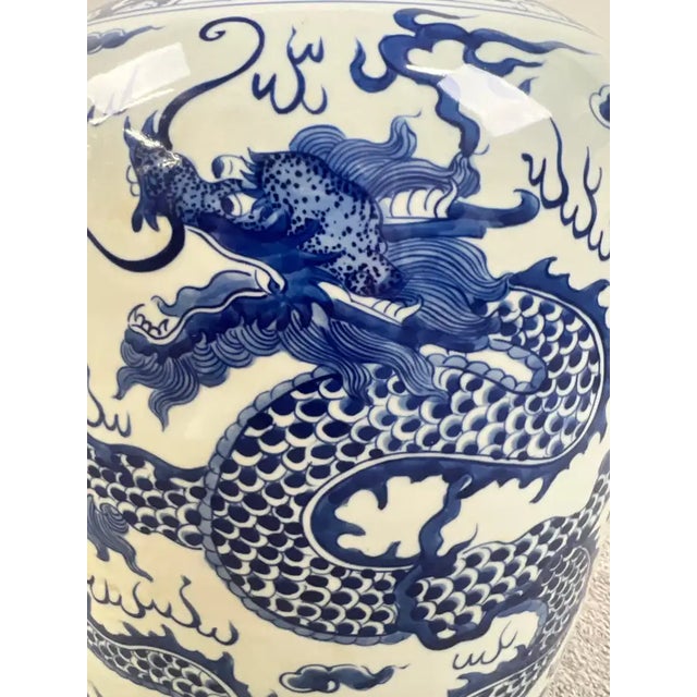 Imperial Chinese Qing Dynasty Style Blue & White Dragon Porcelain Vase For Sale - Image 4 of 10
