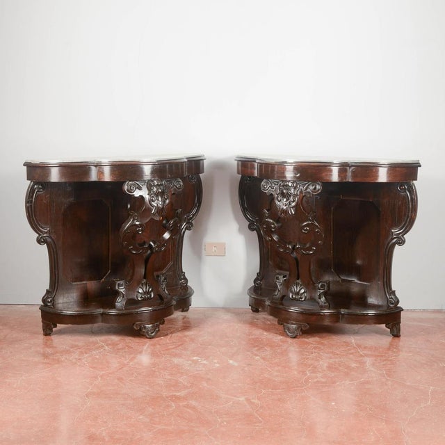 Carved Wooden Consoles with Marble Top, Set of 2 For Sale - Image 6 of 9