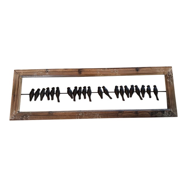 Rustic Framed Metal Birds on Wire Wall Sculpture – Reclaimed Wood Farmhouse Wall Art, 38”w For Sale
