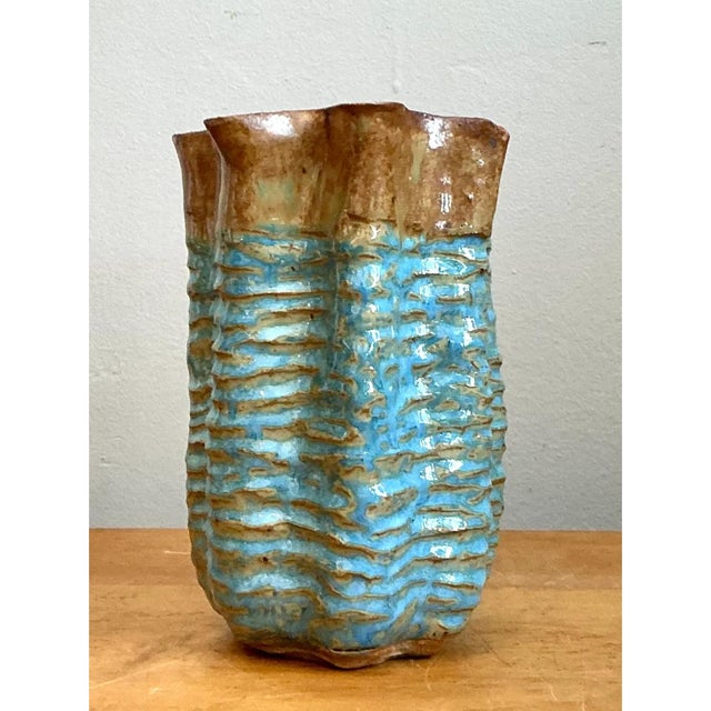 Vintage Textured Blue Ceramic Vase For Sale - Image 4 of 12
