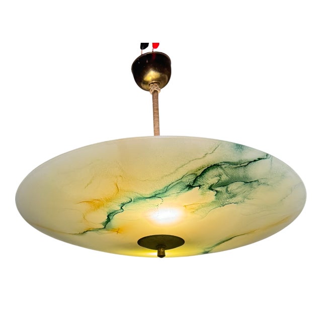 Art Deco Pendant Lamp with Marbled Glass Shade, 1930s For Sale