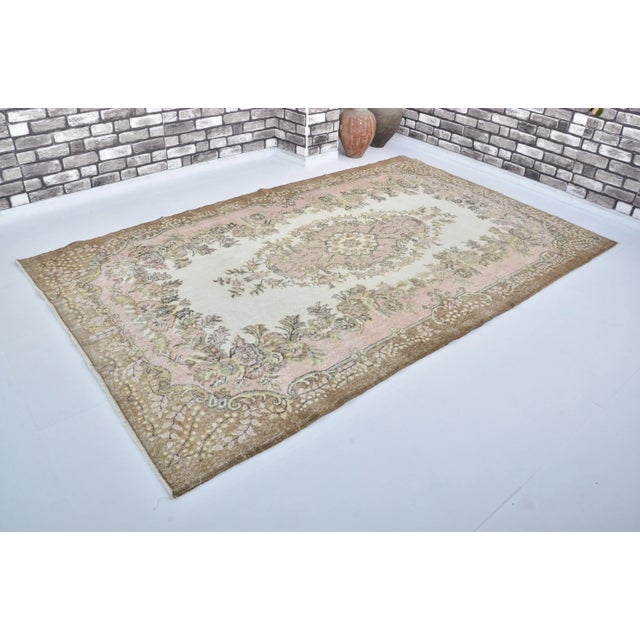 1960s 1960s Pastel Muted Pink & Brown Color Decorative Hand Made Rug For Sale - Image 5 of 11