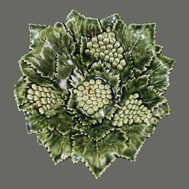 Vintage Portuguese Majolica Pottery Serving Bowl Platter Grape Leaves Grapes For Sale - Image 4 of 8