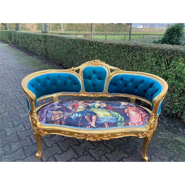 French 1980 French Louis XVI Blue Velvet Gilt Beech Settee For Sale - Image 3 of 15