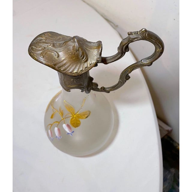 Antique 1800s Ornate Bronze Patinated Painted Frosted Glass Wine Claret Decanter For Sale - Image 10 of 12