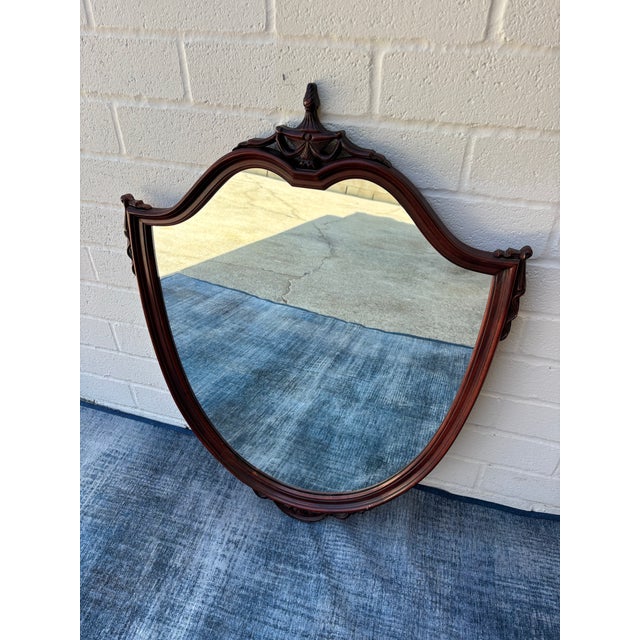 Vintage 1930s Mahogany Shield Hanging Wall Mirror For Sale - Image 4 of 9