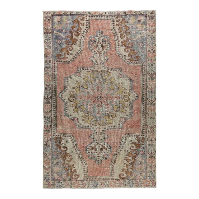 Mid 20th Century Hand-Knotted Oushak Rug From Turkey in Muted Rose & Blue - 4' 2'' X 6' 11'' For Sale