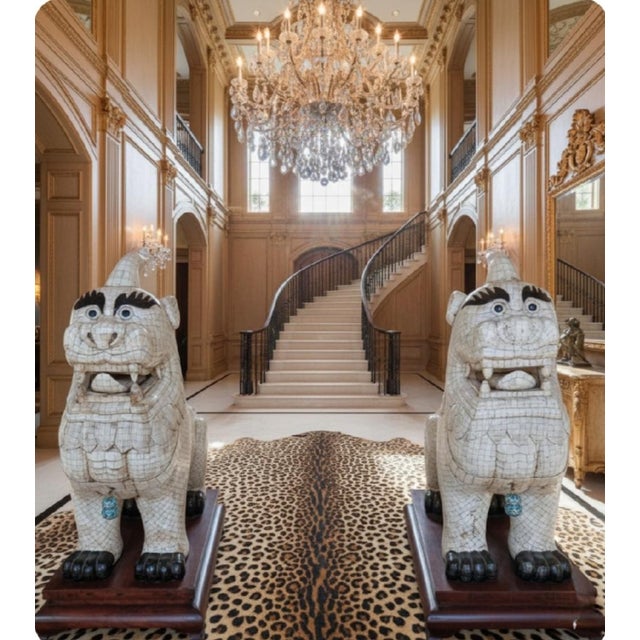 Vintage Monumental Mansion Size Tesselated Bone Tile Maitland Smith Style Foo Dog Lion Statues -Pair For Sale - Image 13 of 14