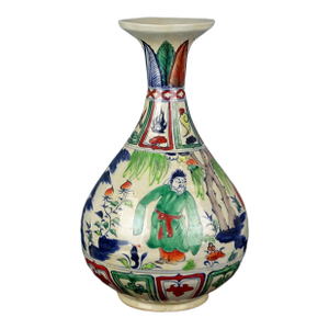 Chinese Vintage Ceramic Vase,Blue and White Famille Verte Porcelain Yuhuchun Vase Hand Painted Figures Pattern
