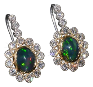 Certified Natural 4.52CTS VS F Diamond Black Opal 18K Solid Gold Halo Dangle Earrings - 2 Pieces