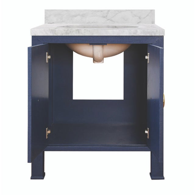 Worlds Away Matthew Izzo Home Blanche Textured Navy Linen Single Porcelain Sink Bath Vanity With Carrara Marble Top and Backsplash and Brass Hardware For Sale - Image 4 of 10